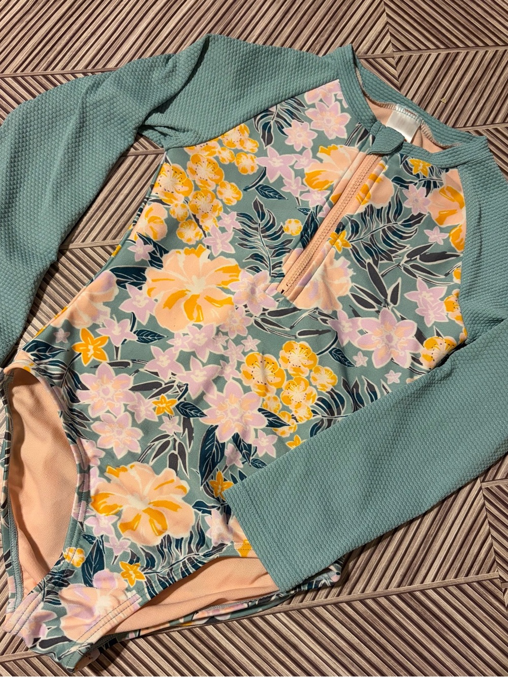Girls Cat & Jack Floral Long Sleeve Rash Guard Swimsuit - Mint Green Floral